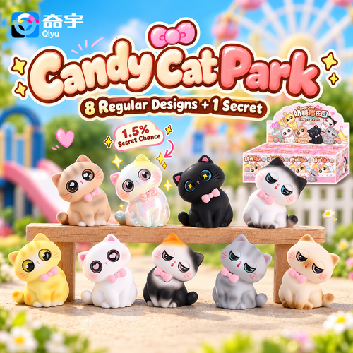 Candy Cat Park resin blind box collection: eight regular cat designs and one pearly secret with a 1.5% chance.