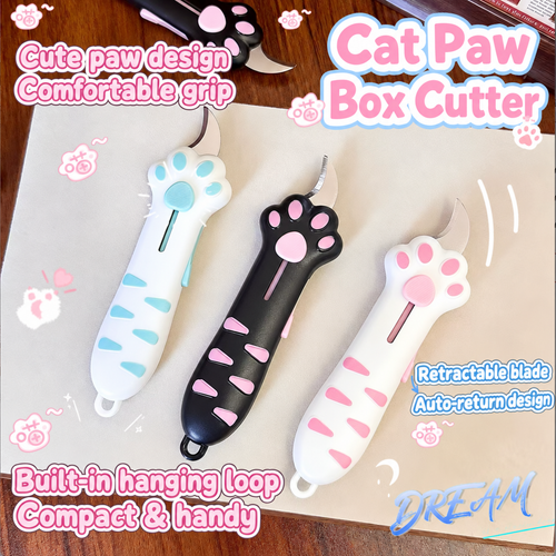 Cat paw retractable box cutters in White / Blue, White / Pink and Black / Pink with English feature captions.