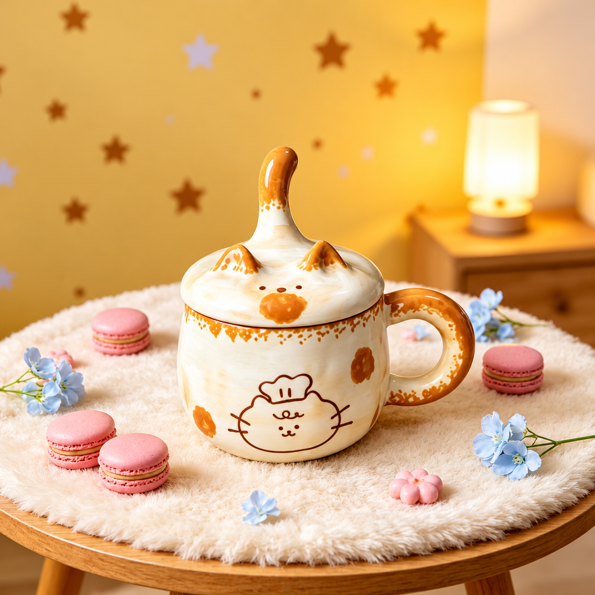Chef Cat ceramic mug with a cat-ear lid and tall curved tail knob, styled with macarons.