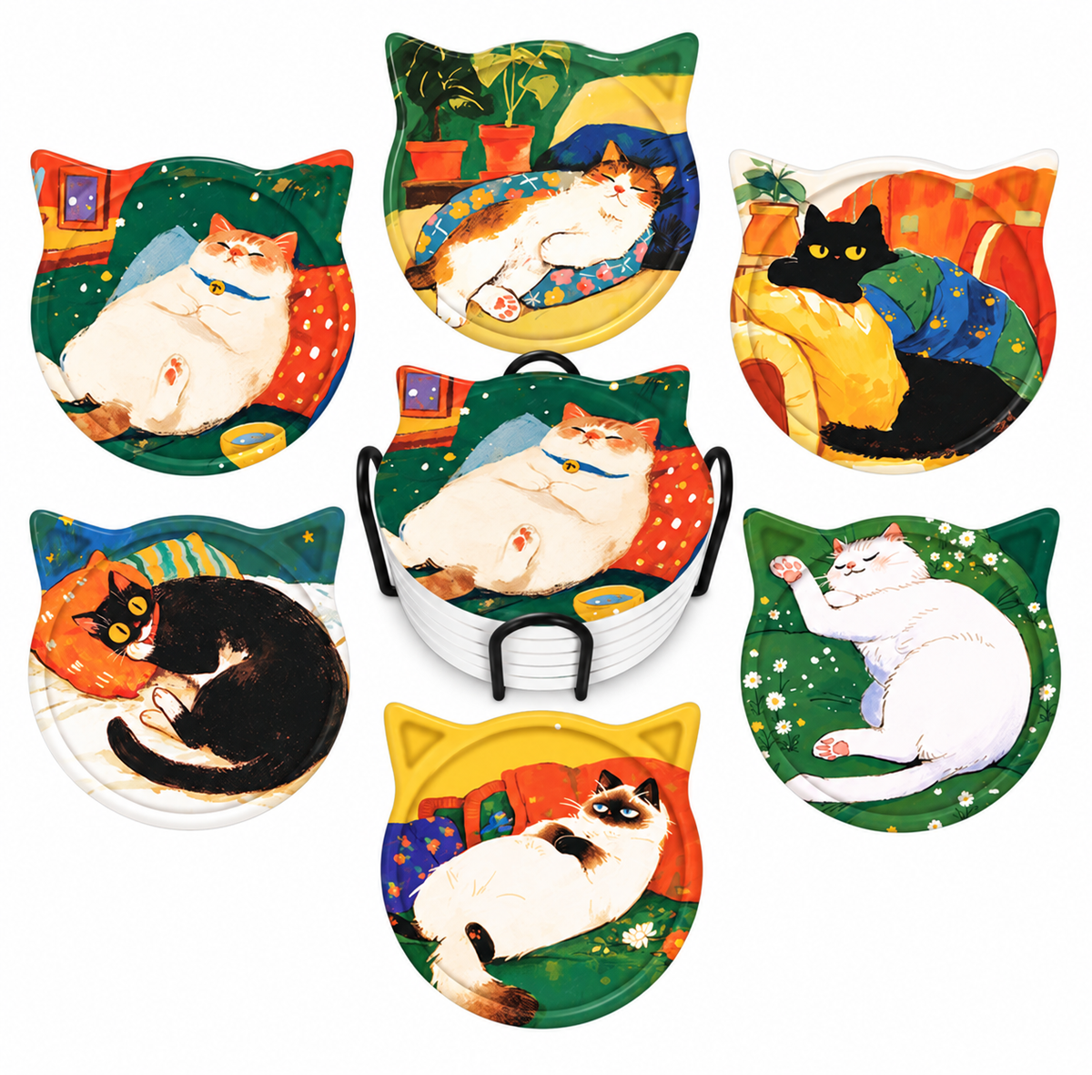 Six cat-shaped ceramic coasters featuring lounging-cat paintings with an included black iron holder.