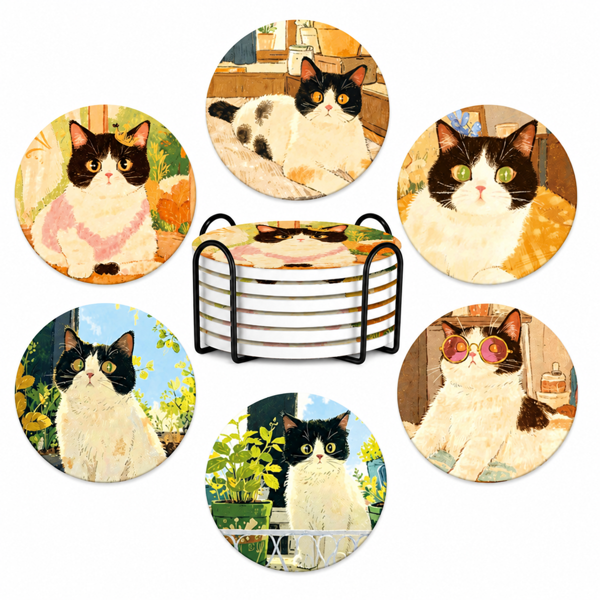 Six different tuxedo cat ceramic coaster designs displayed around a black wire holder.
