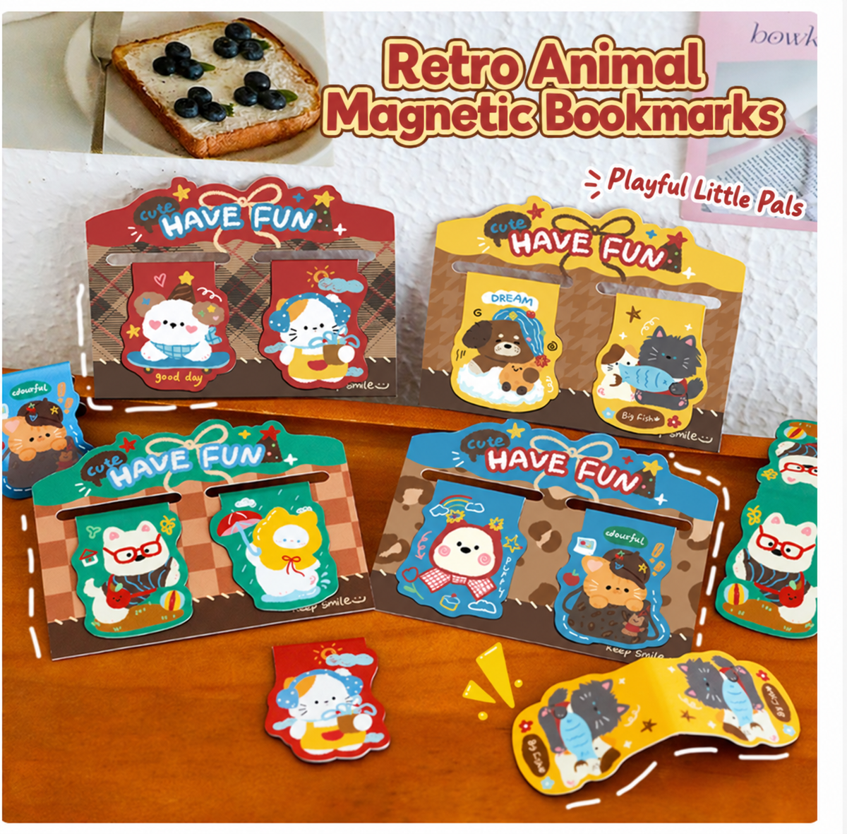 Have Fun – Retro Animal Magnetic Bookmarks | 4 Styles, Set of 2 each style