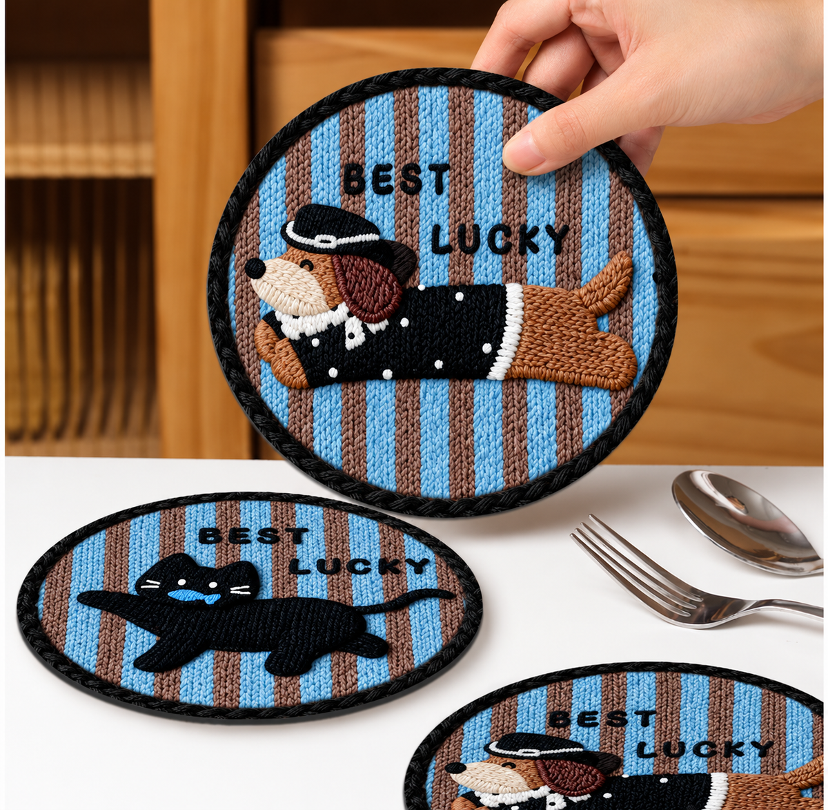 Hand holding the Hat Dog knit-look coaster beside matching Black Cat designs.