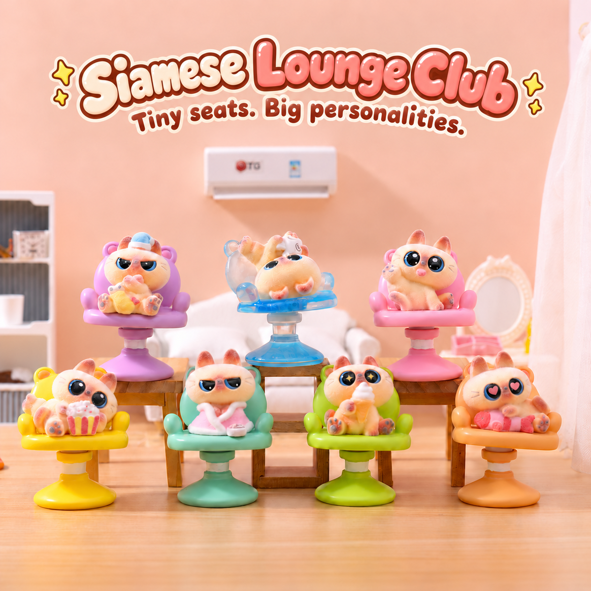 Siamese Lounge Club – Flocked Cat Swivel Chair Blind Box, 6 Designs + Secret