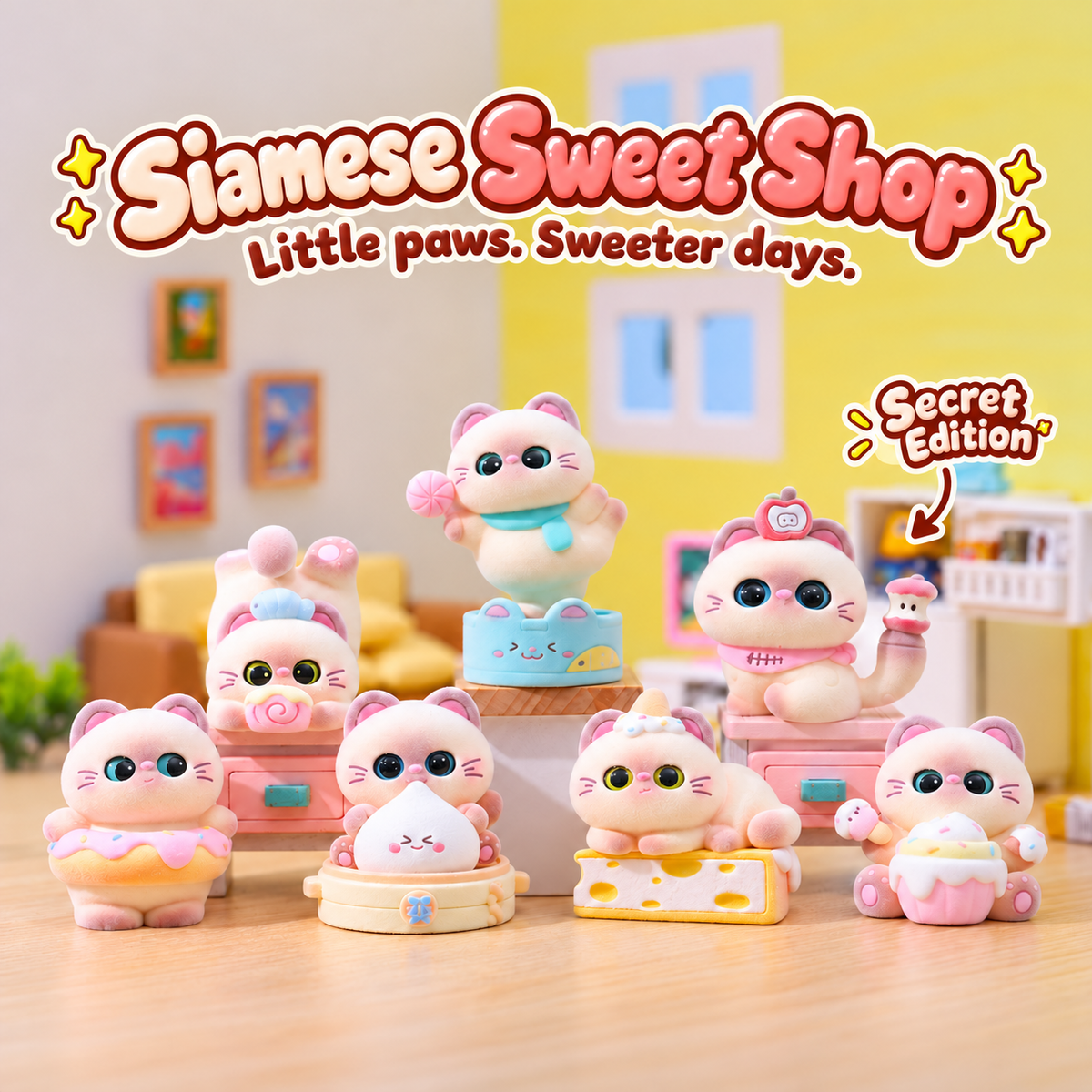 Siamese Sweet Shop – Flocked Cat Blind Box, 6 Designs + Secret