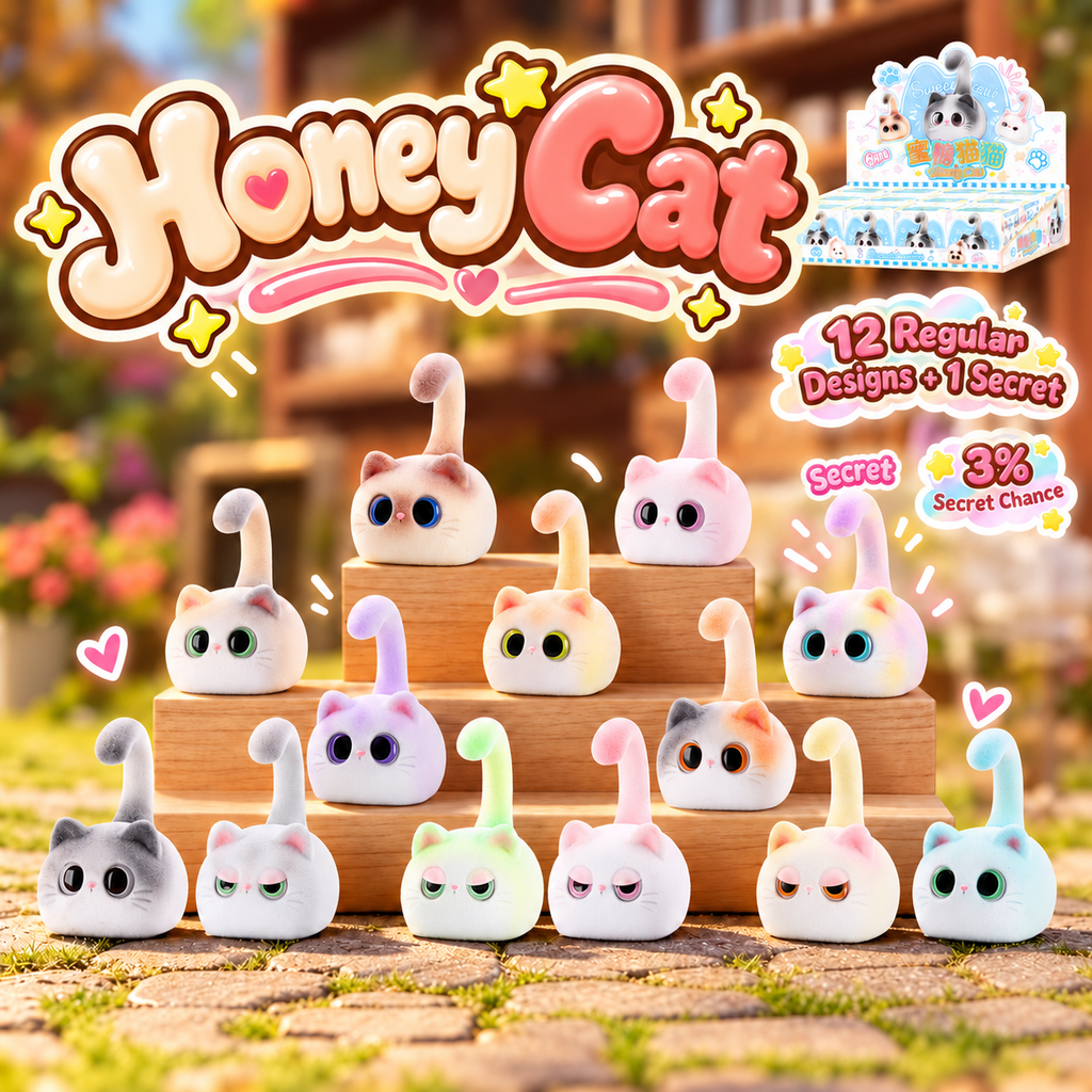 Honey Cat resin blind box collection with 12 regular designs and one rainbow secret design, featuring a 3% secret chance.