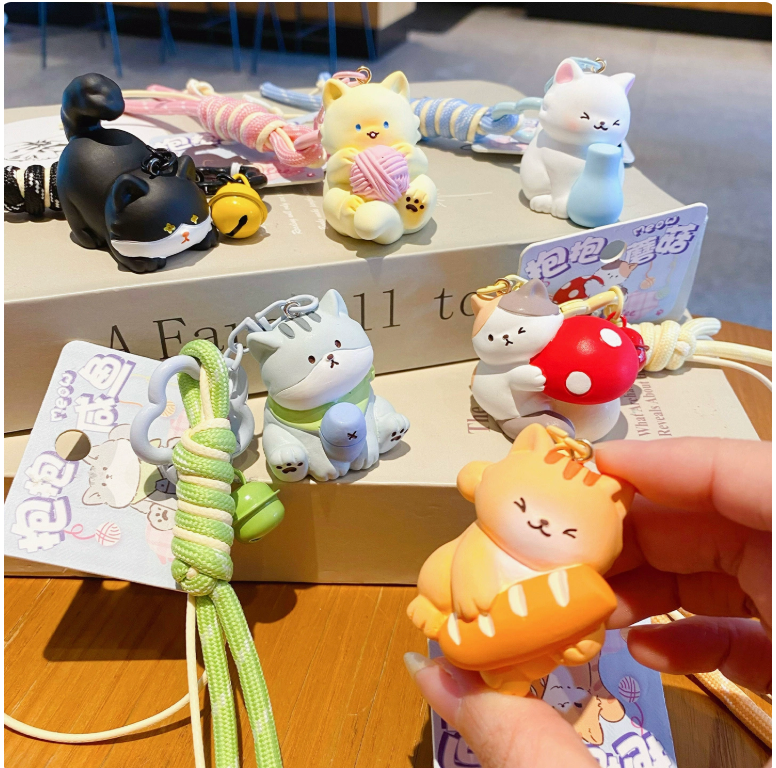Kitty Hugs – Cat Keychains with Rope Strap & Bell | 6 Styles