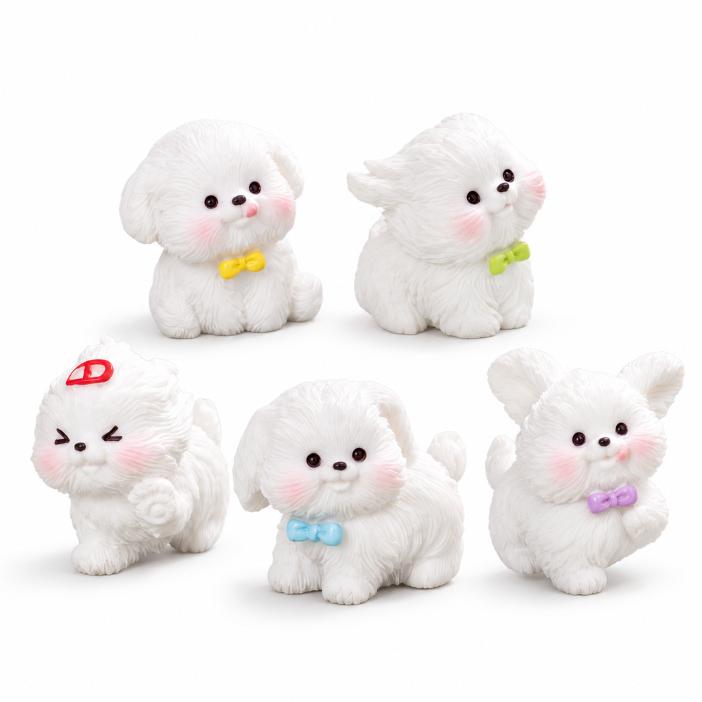 Zoomie Pups – Mini White Resin Dog Figurines | 5-Piece Set