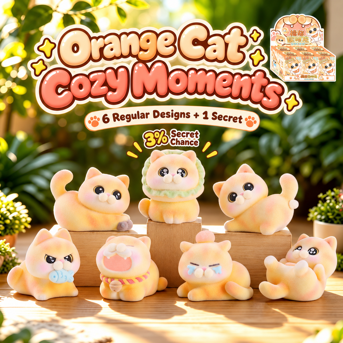 Orange Cat Cozy Moments collection with six regular resin cat designs and a green-collar secret with a 3% chance.