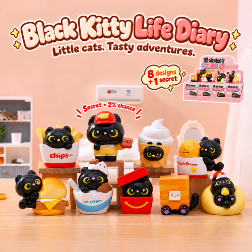 Black Kitty Life Diary resin blind box collection with eight regular designs and a secret red-cap cat with a 2% chance.