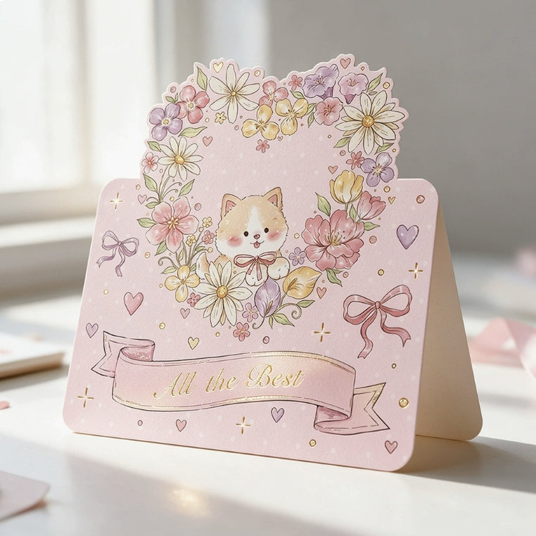 Floral Wishes – Gold Foil Puppy & Cat Stand-Up Greeting Cards, 2 Styles