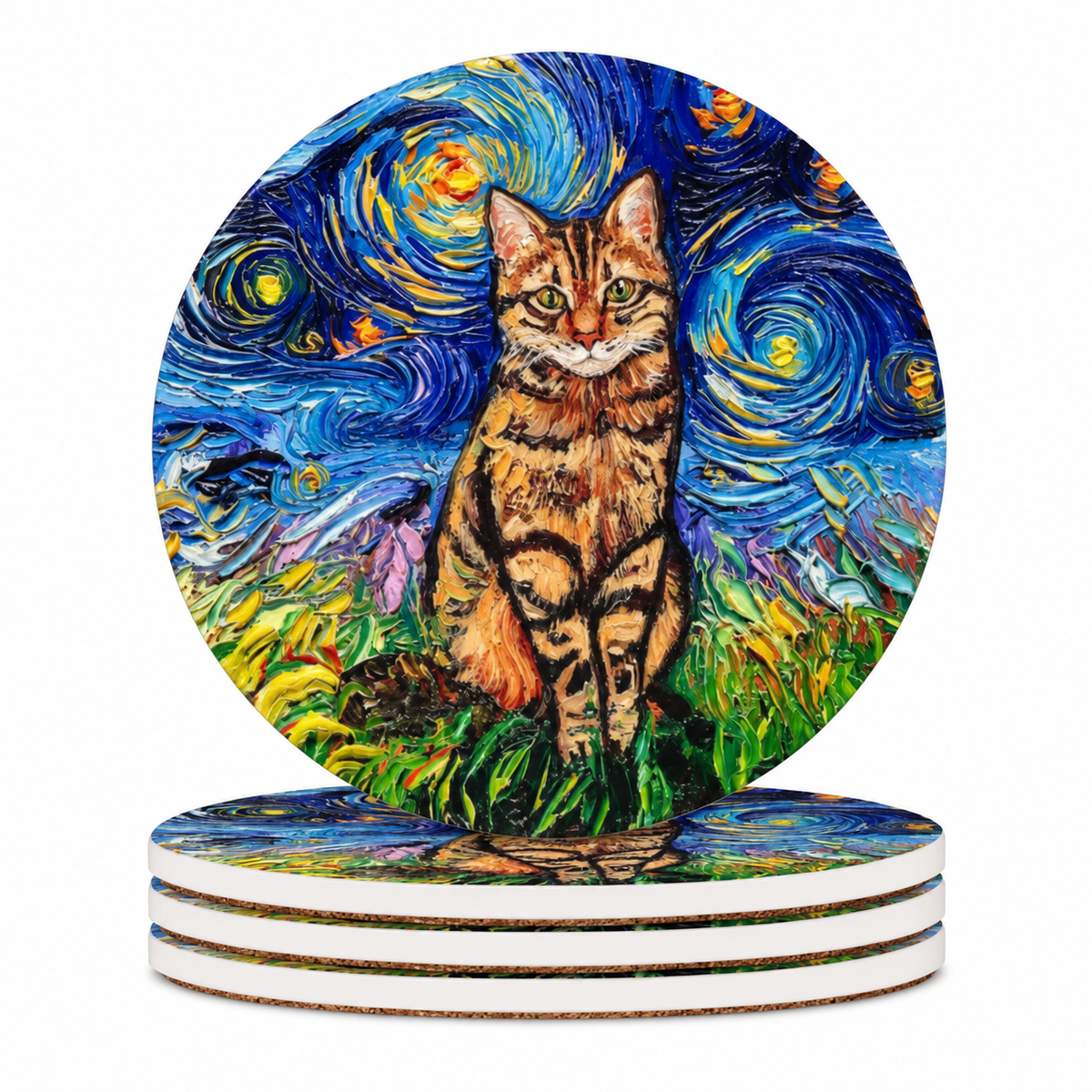 Round ceramic coasters with a tabby cat against a swirling blue and gold starry sky.