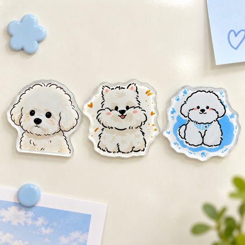 Three Nice Day puppy acrylic fridge magnet styles with glossy resin finish