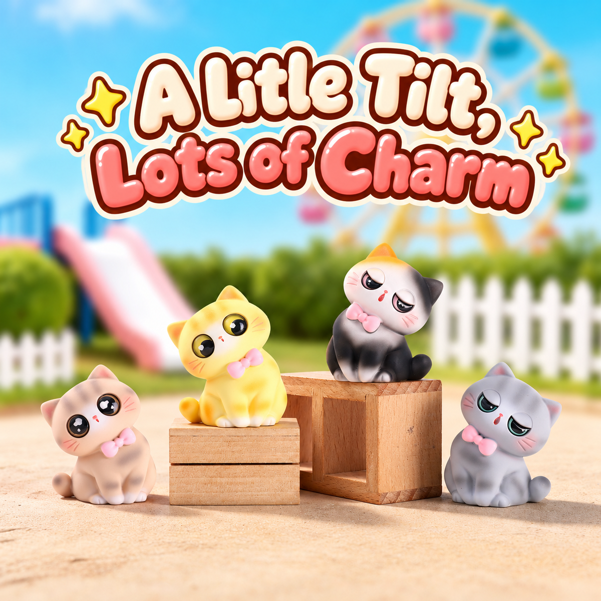 Four Candy Cat Park figurines with tilted heads and pink bows on wooden risers.
