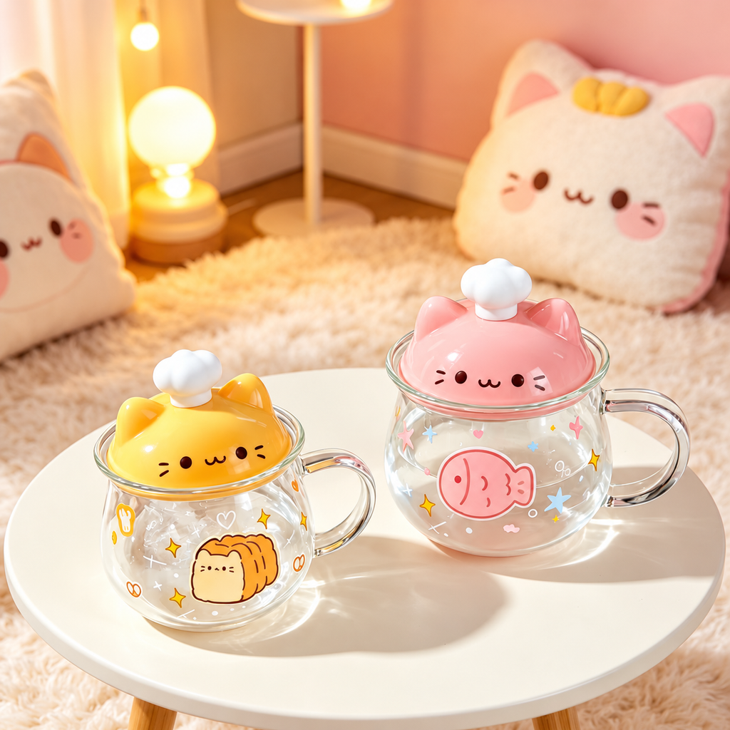 Bread Cat and Pink Fish glass mugs on a cream table in a cozy room.