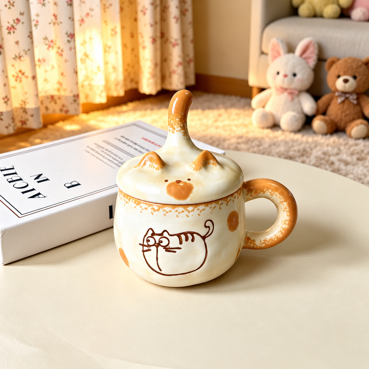 Round Cat ceramic mug with warm speckled glaze and matching cat-tail lid.