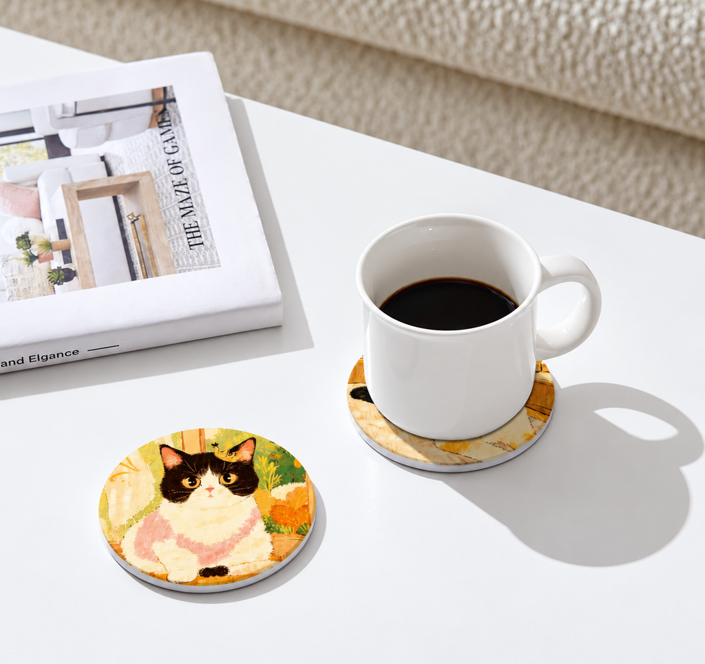 Painterly black and white cat coasters beside a white coffee mug.