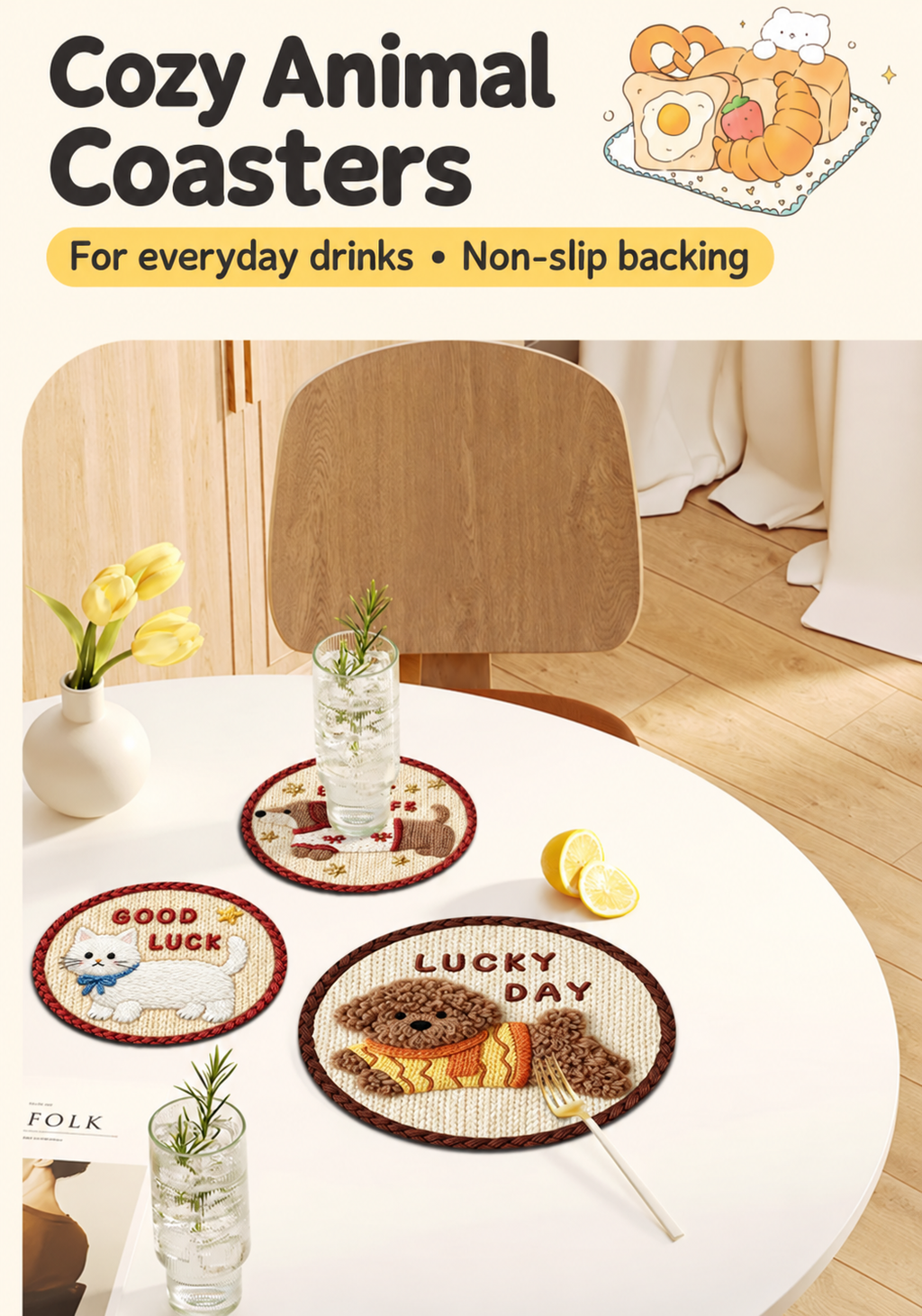 Cozy animal coasters with cat and dog prints on a bright tabletop.