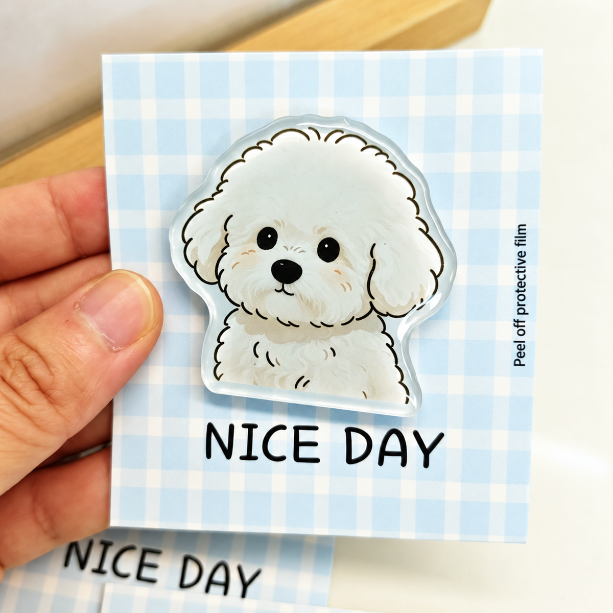 Fluffy Pup glossy acrylic fridge magnet on a blue gingham NICE DAY backing card