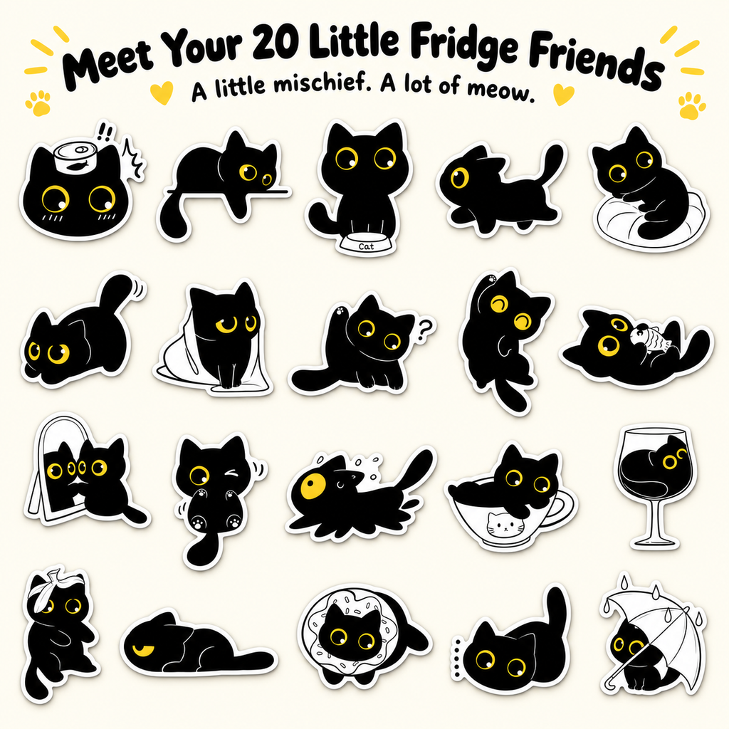 Black Cat Fridge Magnets — 5-Piece set & 20-Piece Set