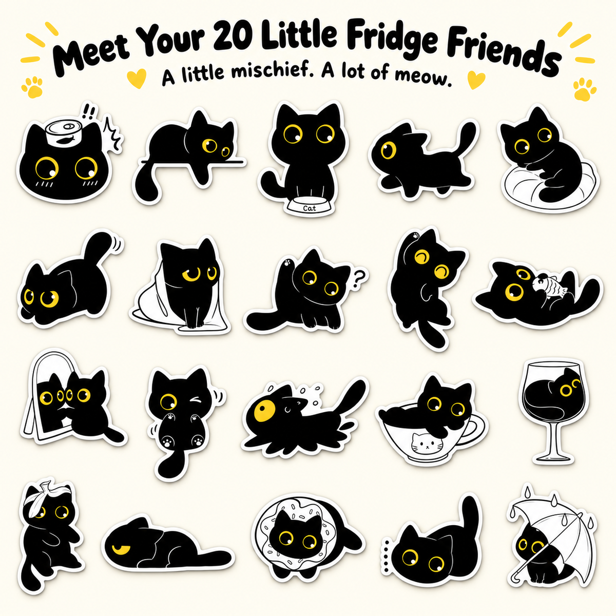 Black Cat Fridge Magnets — 5-Piece set & 20-Piece Set