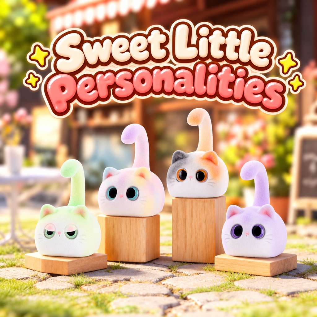 Green, rainbow, calico and lavender Honey Cat figures with long curled tails on wooden display blocks.
