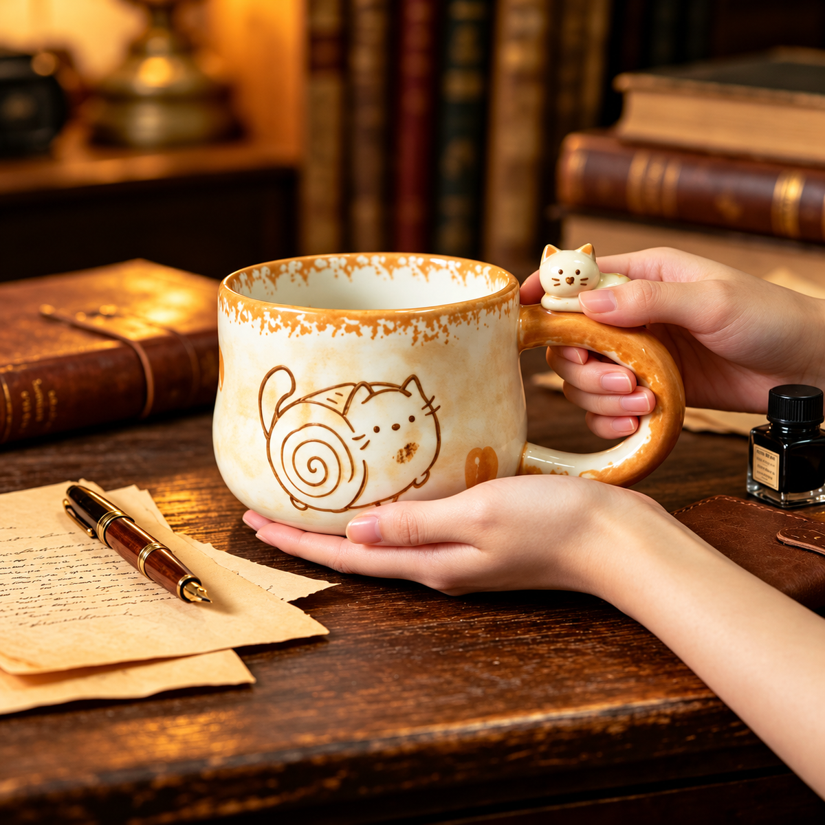 Hands holding the cream and caramel ceramic cat mug at a rustic wooden desk.