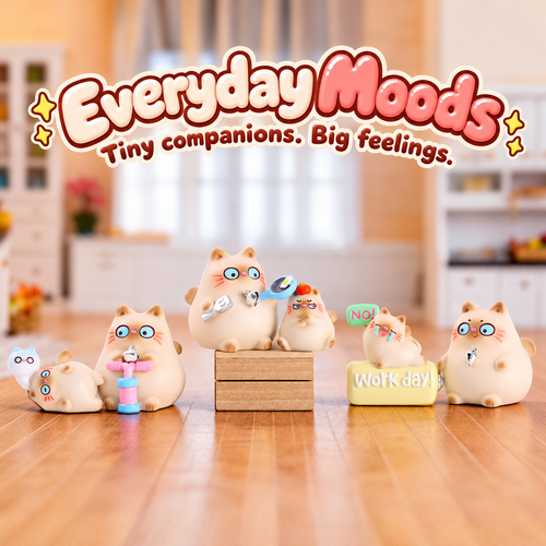 Three Siamese cat collectible designs with cooking, workday and playtime accessories.