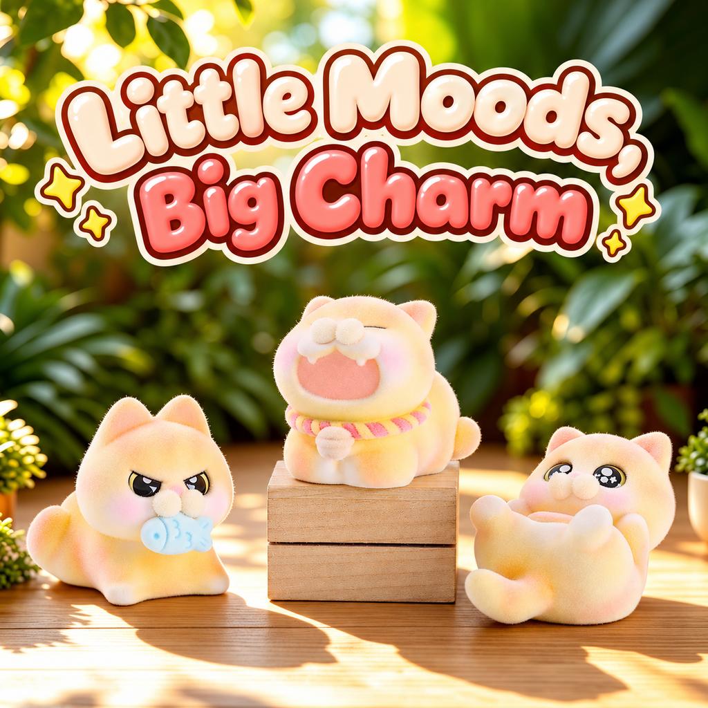 Orange cat figurines with a blue fish, a wide yawn and a belly-up pose on wooden risers.