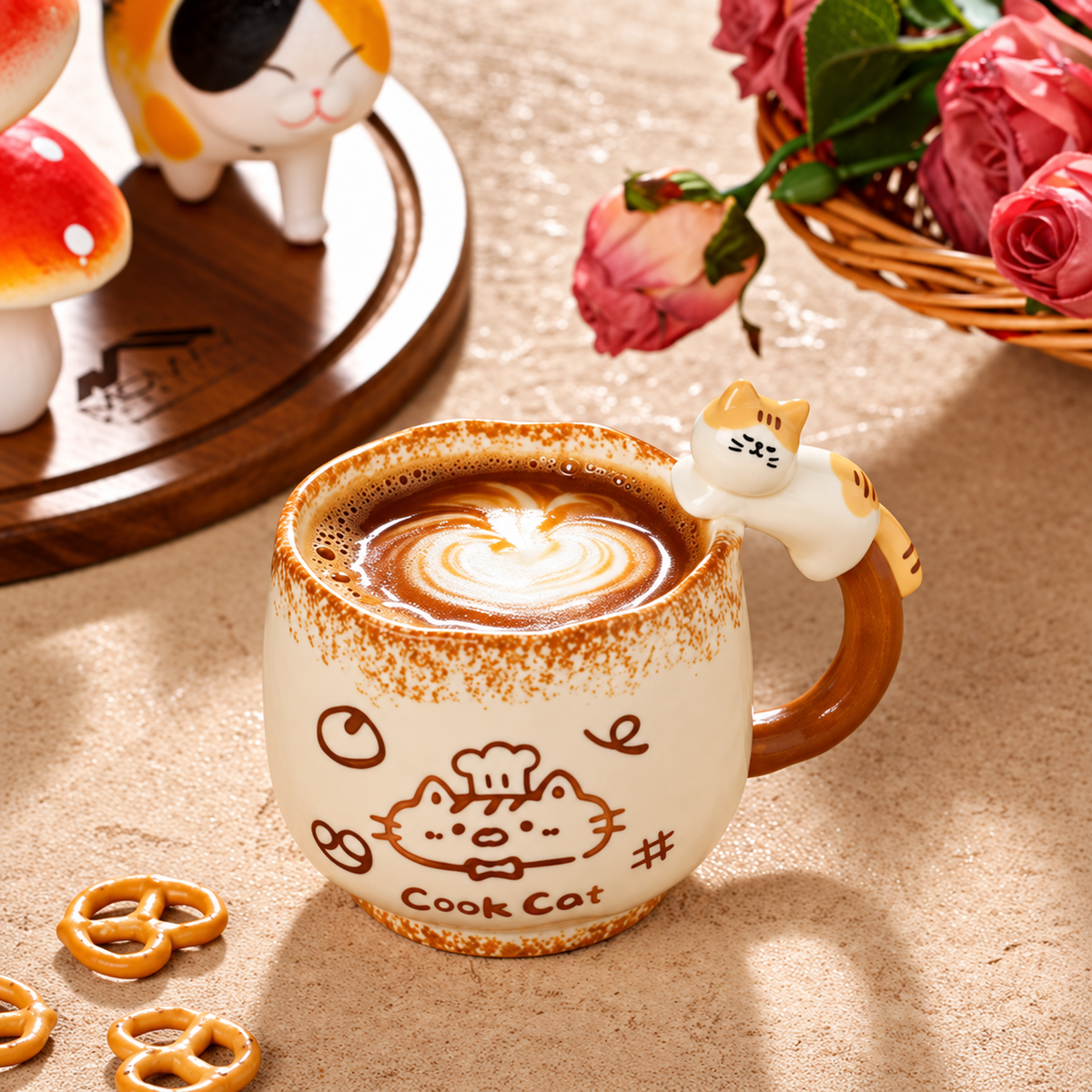 Cook Cat ceramic mug filled with latte beside flowers on a warm tabletop.