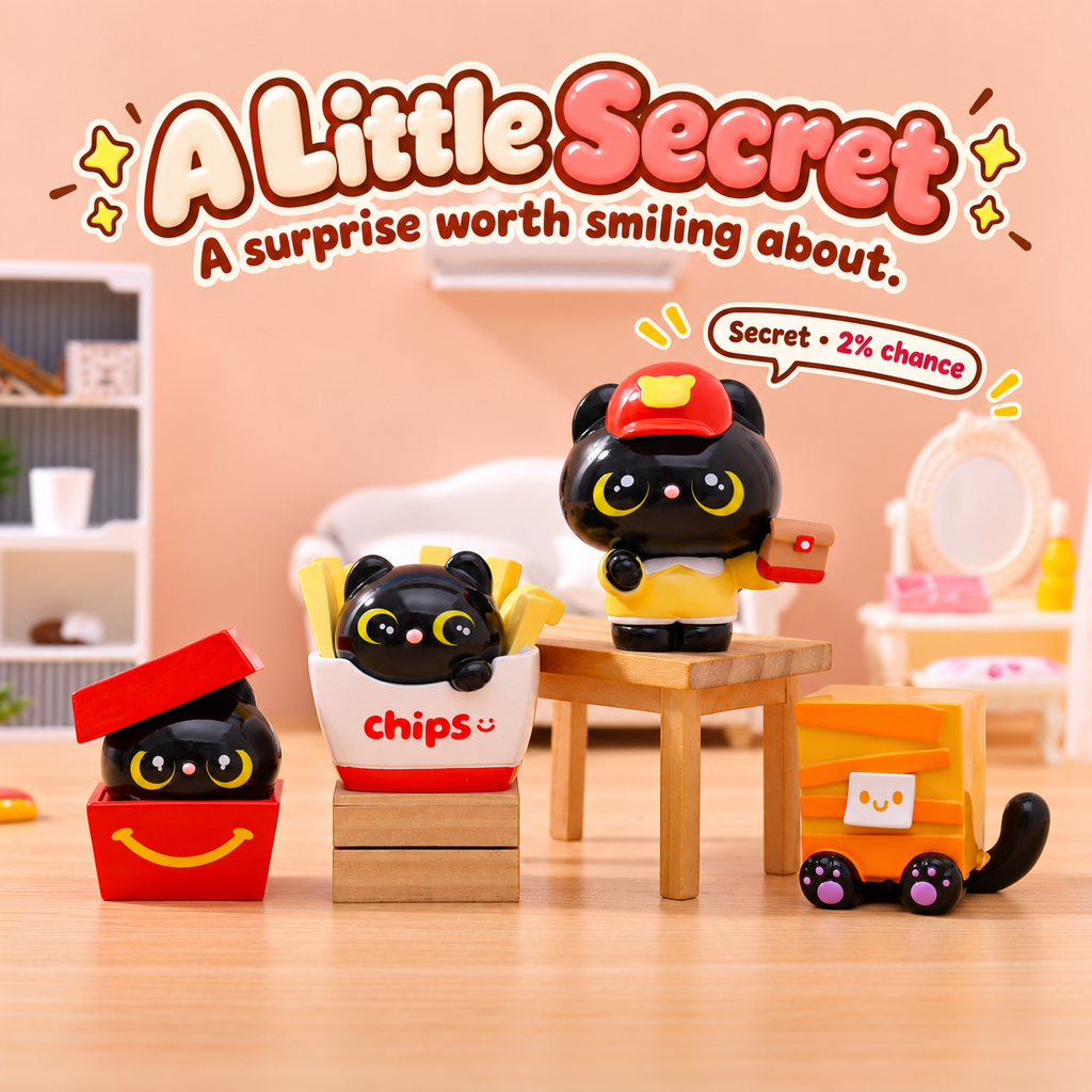 Secret red-cap black cat with chips carton, red smile box and yellow box cat designs.
