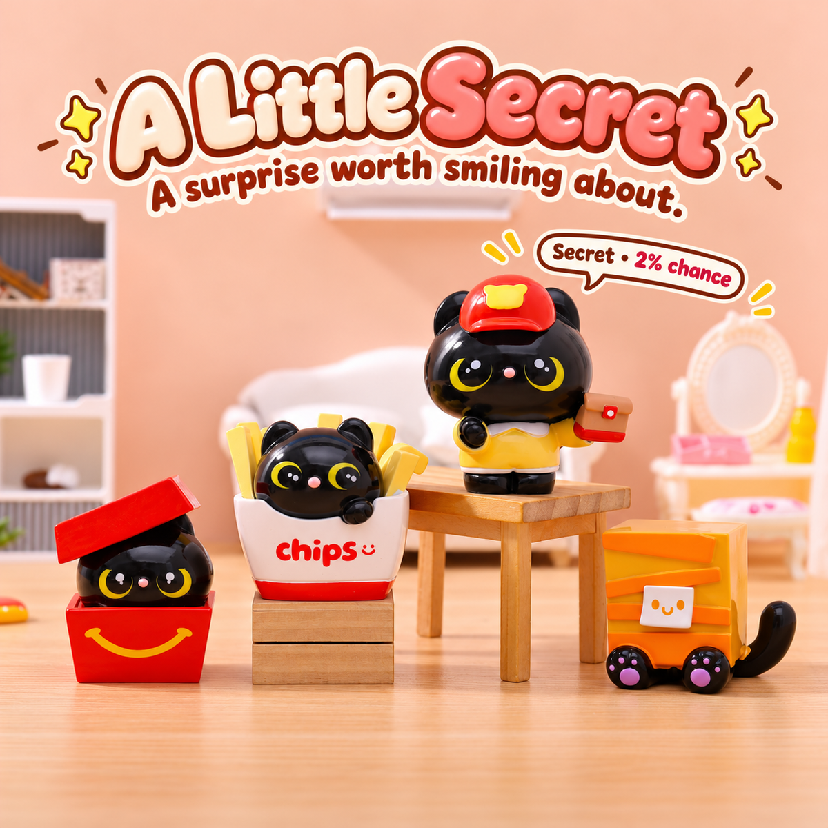 Secret red-cap black cat with chips carton, red smile box and yellow box cat designs.