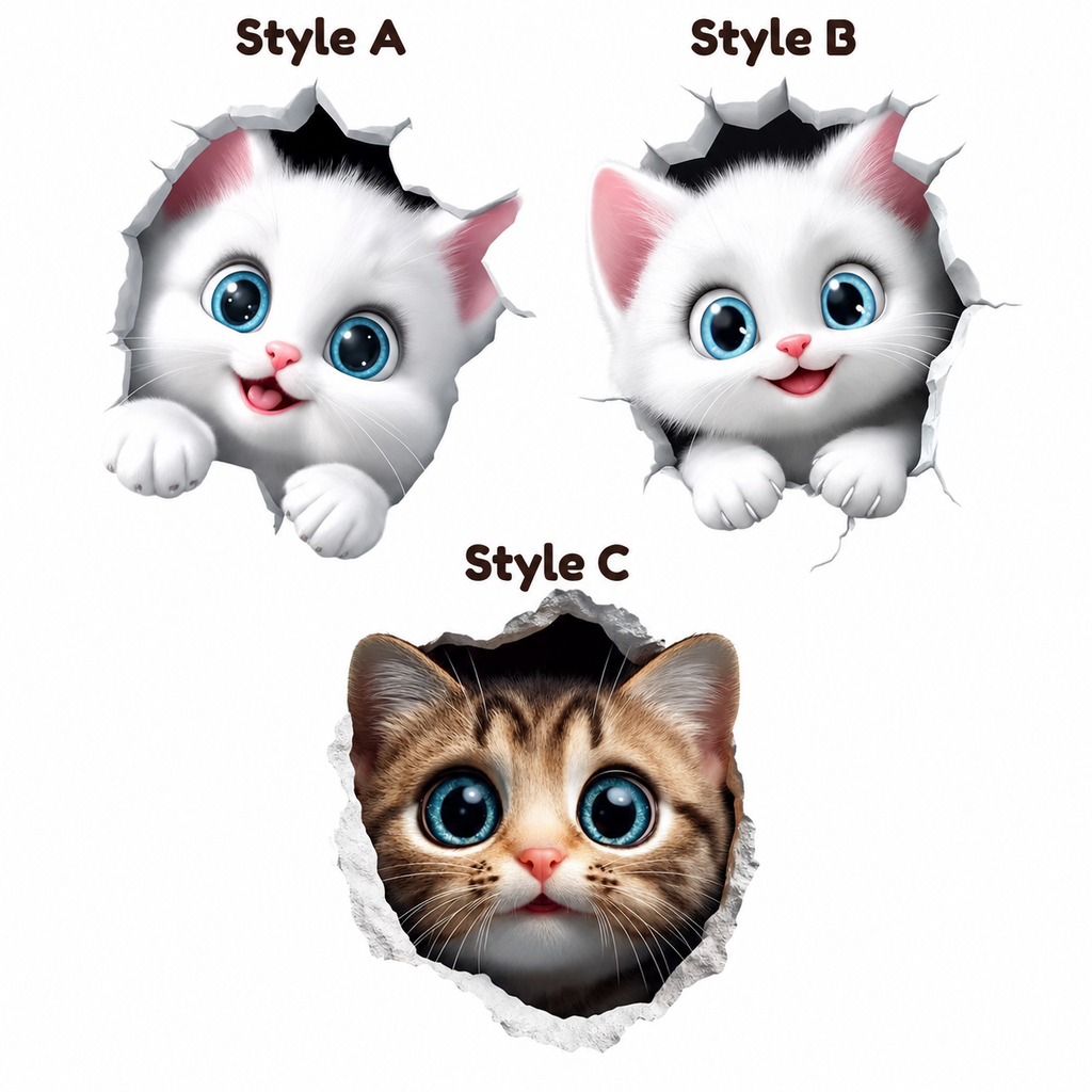 3D Cat Car Decal – Peeking Kitten Scratch Cover Sticker for Bumper & Car Body, Waterproof, 6 Styles & 3 Sizes