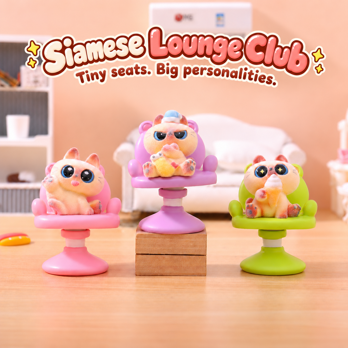 Siamese Lounge Club – Flocked Cat Swivel Chair Blind Box, 6 Designs + Secret