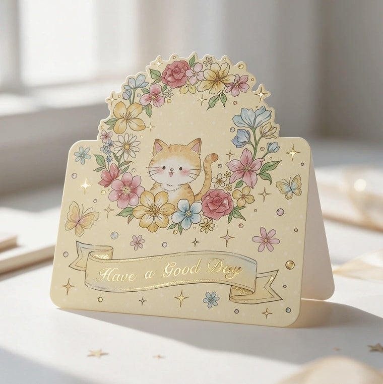 Floral Wishes – Gold Foil Puppy & Cat Stand-Up Greeting Cards, 2 Styles