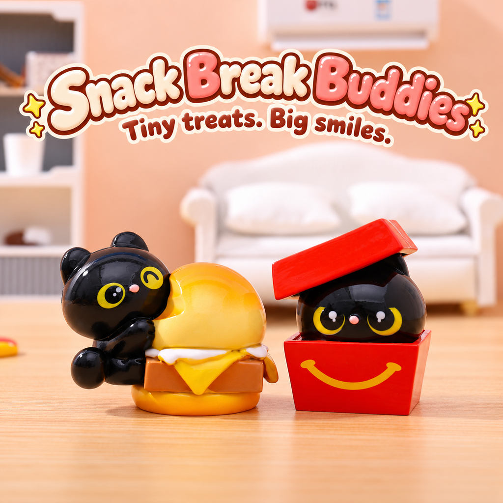 Glossy black cat leaning on a burger beside a black cat peeking from a red smile box.