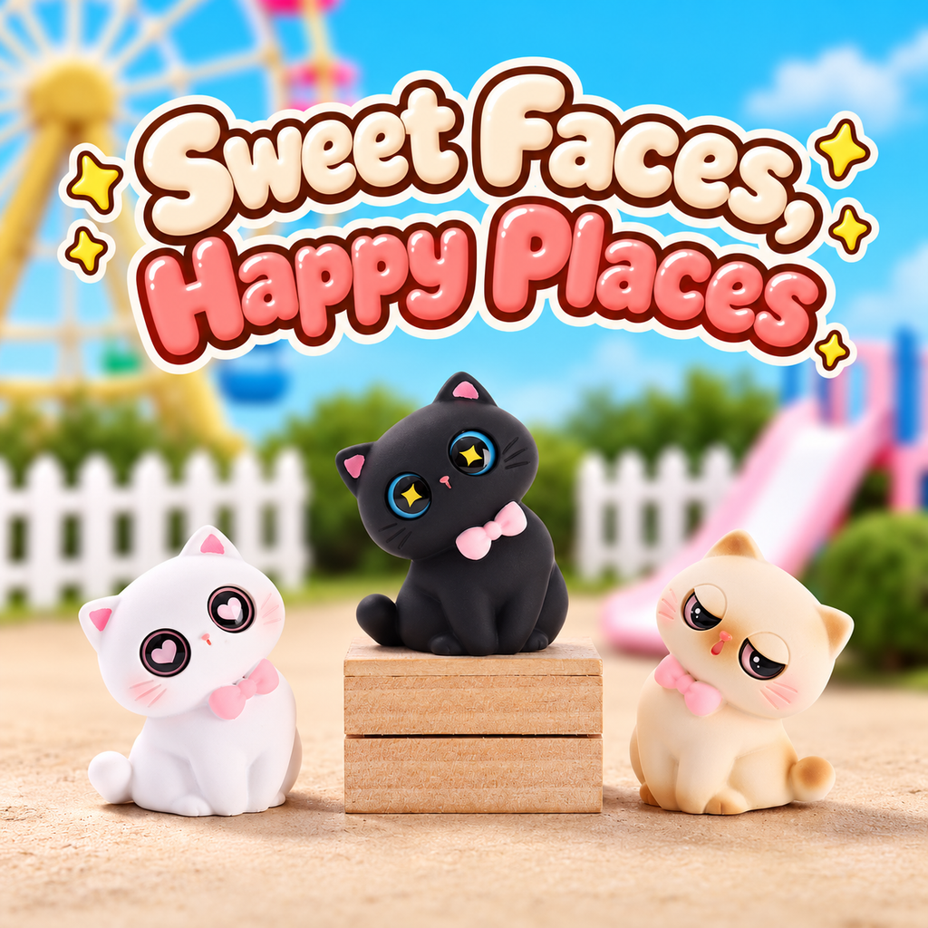 White heart-eyed cat, black star-eyed cat and cream sleepy cat with pink bow ties.