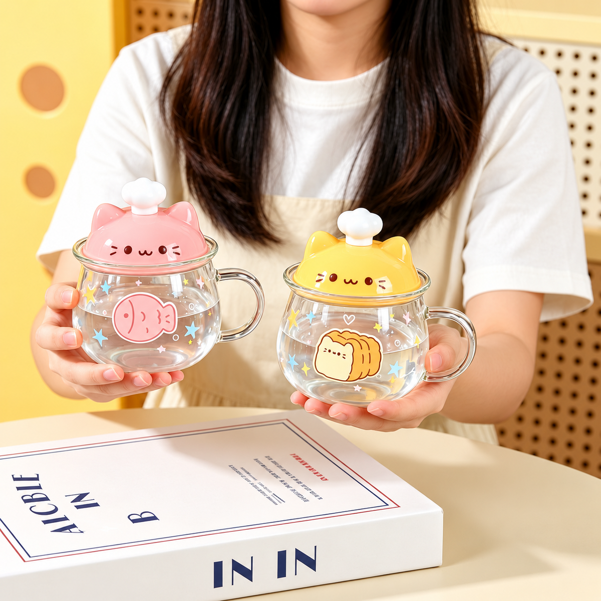 Hands holding Pink Fish and Bread Cat glass mugs with matching animal lids.