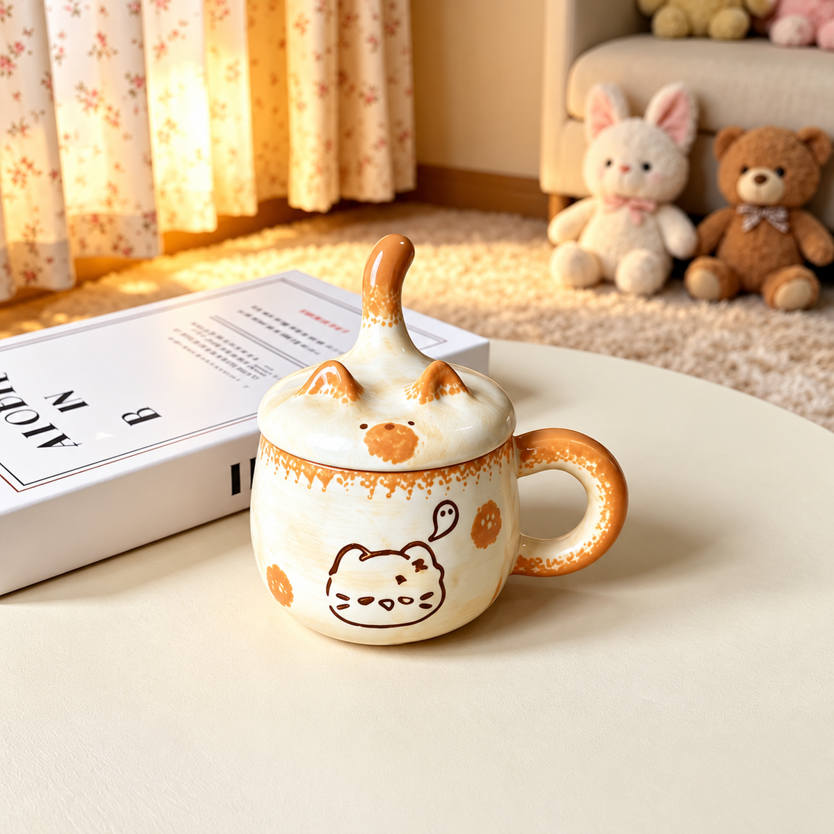 Sleepy Cat ceramic mug with a sleepy face illustration and matching cat-tail lid.