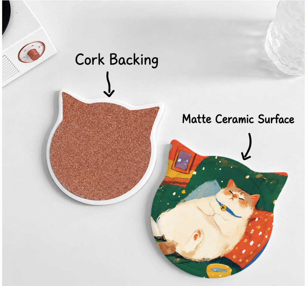 Cork backing and matte ceramic surface of the cat-shaped coaster.