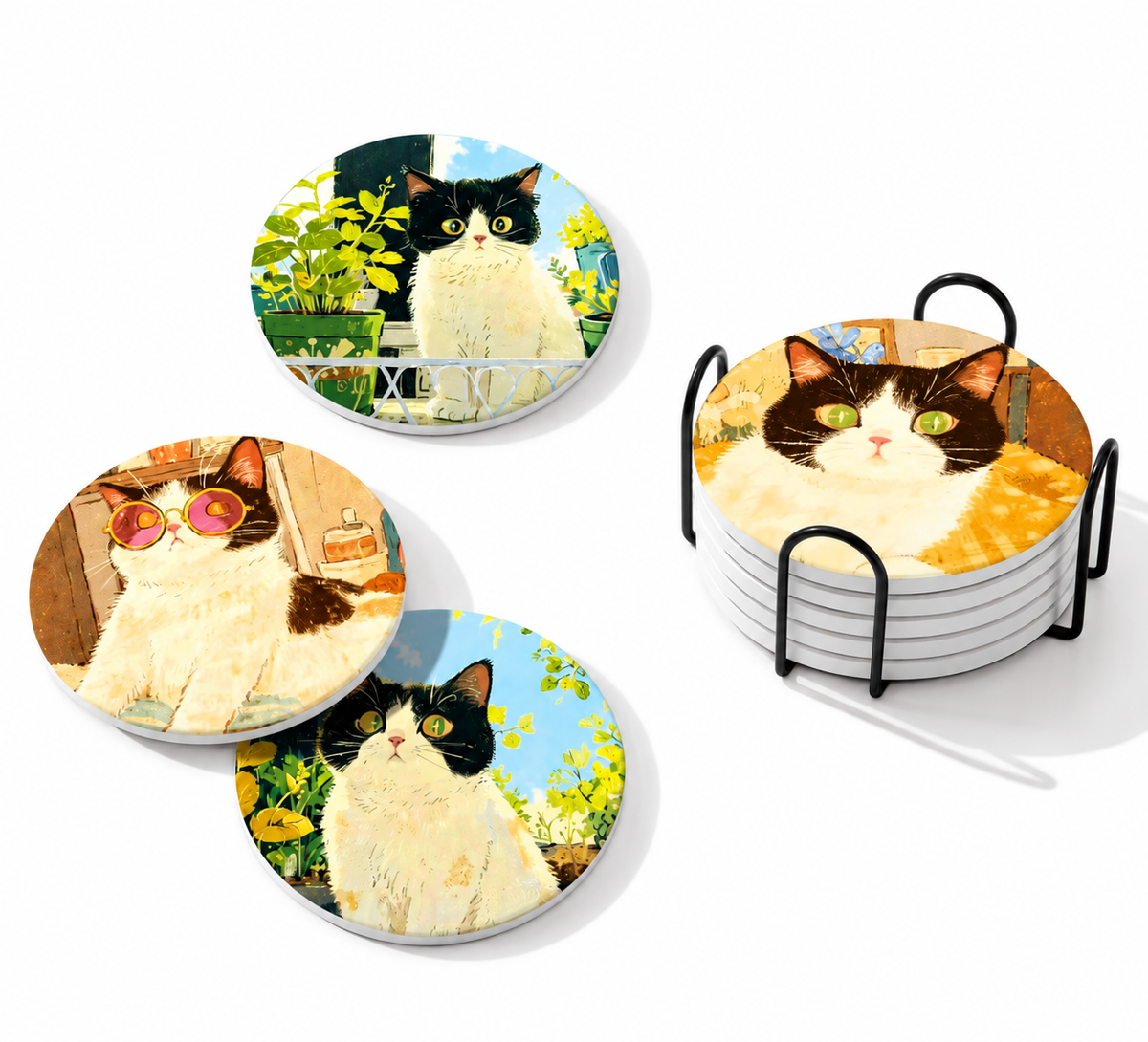 Cat ceramic coasters displayed beside a stack in a black wire holder.