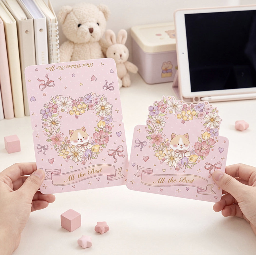 Floral Wishes – Gold Foil Puppy & Cat Stand-Up Greeting Cards, 2 Styles
