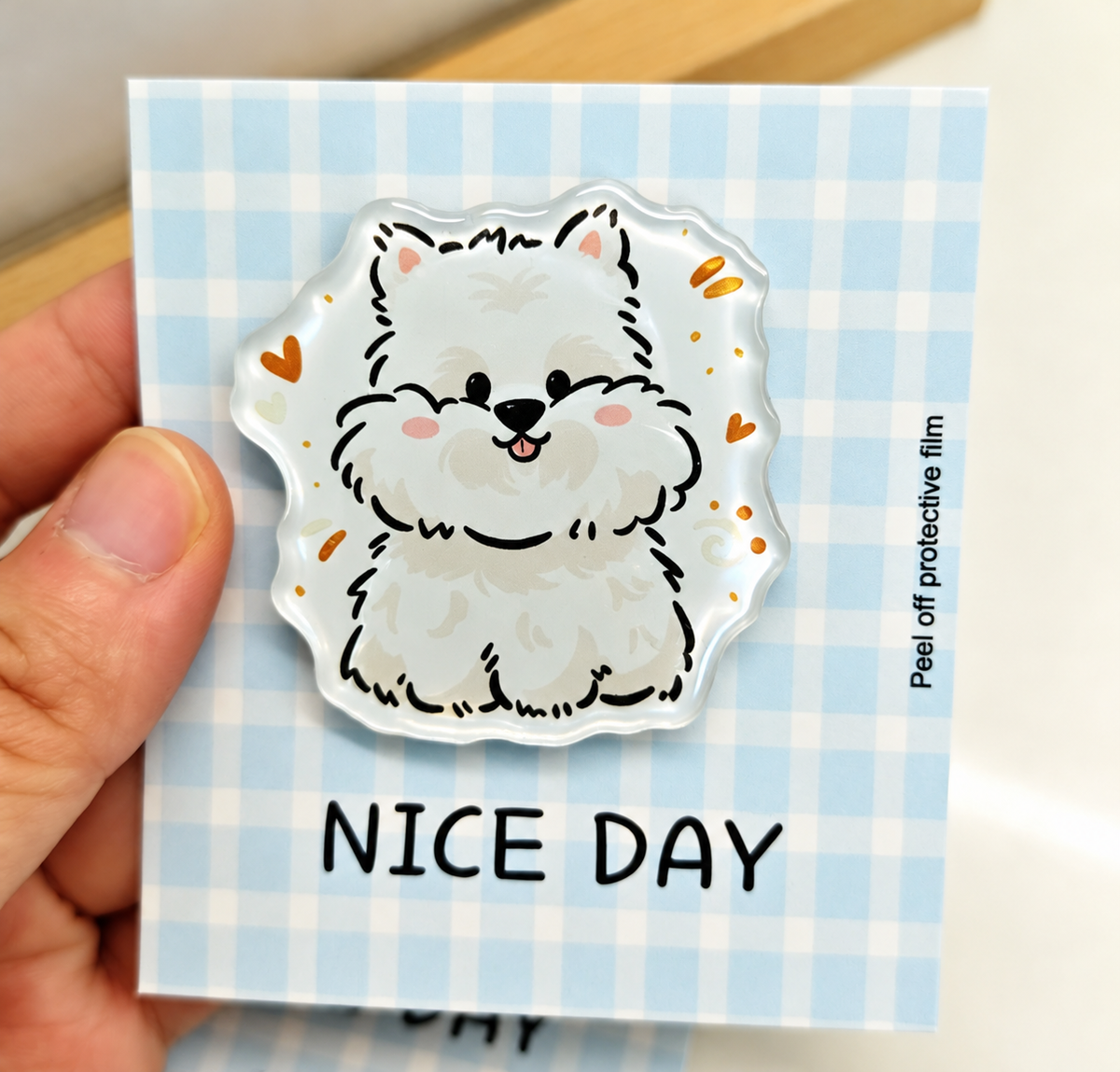 Happy Terrier glossy acrylic fridge magnet on a blue gingham NICE DAY backing card
