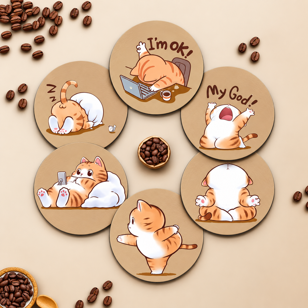 All six different orange-cat coaster designs on tan round backgrounds.