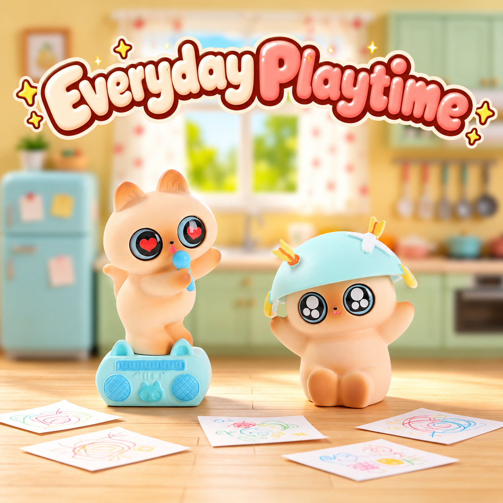 Singing cat with a blue microphone and stereo beside a cat wearing a pale blue helmet.