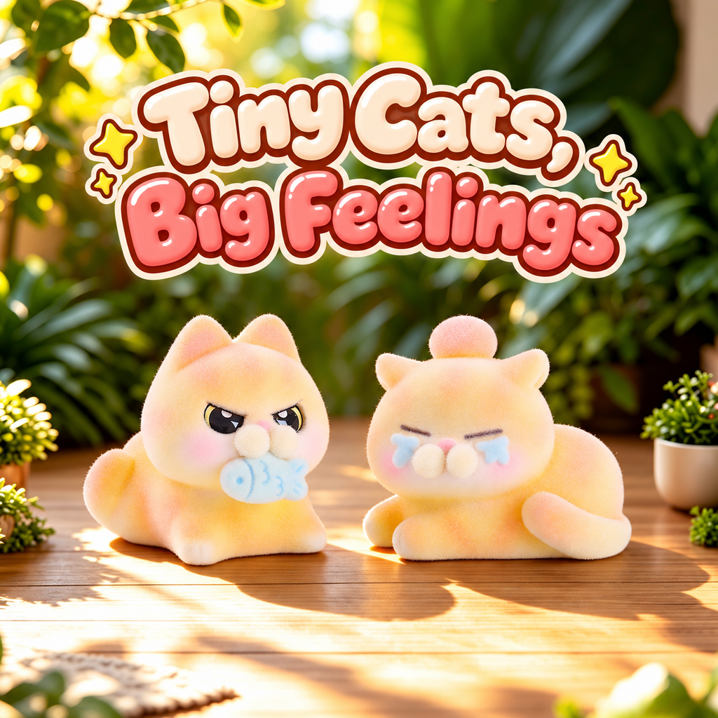 Fish-holding orange cat beside a crying orange cat with a pink pom on its head.