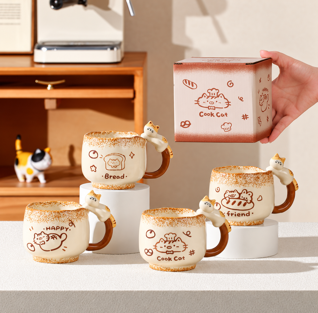 All four Bakery Cats ceramic mug designs with their printed color box.