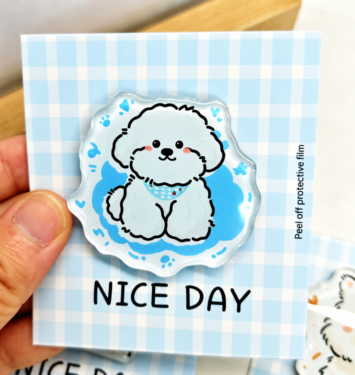 Blue Bandana Pup glossy acrylic fridge magnet on a blue gingham NICE DAY backing card