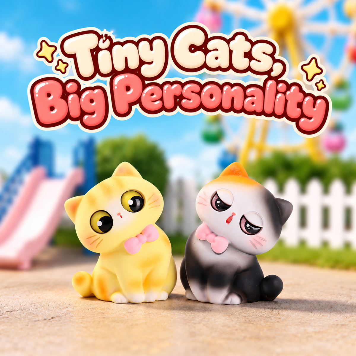Yellow cat and black-and-white calico cat figurines with tilted heads.