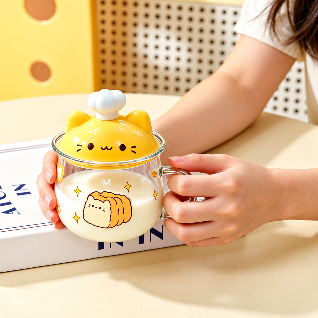 Bread Cat borosilicate glass mug filled with milk and topped with a yellow chef cat lid.